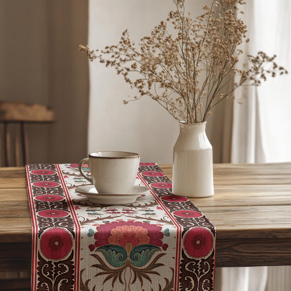 Red Floral Table Runner – Boho Cotton Dining Decor, Rustic Table Accent, Vintage-Inspired Style