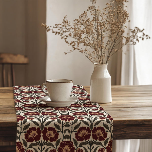 Red Floral Table Runner – Vintage Cotton Dining Decor, Rustic Farmhouse Accent