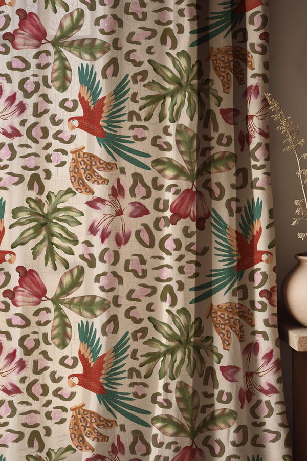 Tropical Parrot Linen Curtains: Jungle Leopard Print Boho Drapes