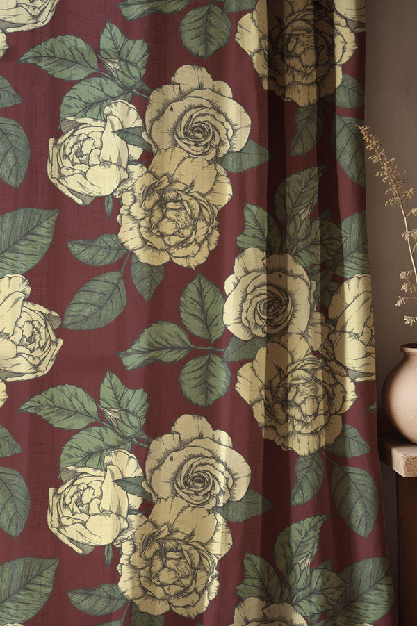 Vintage Rose Linen Curtains: Burgundy Floral Victorian Drapes