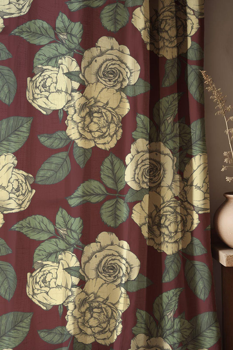 Vintage Rose Linen Curtains: Burgundy Floral Victorian Drapes