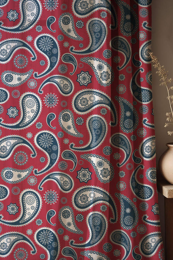 Bohemian Paisley Linen Curtains: Red & Blue Persian Drapes