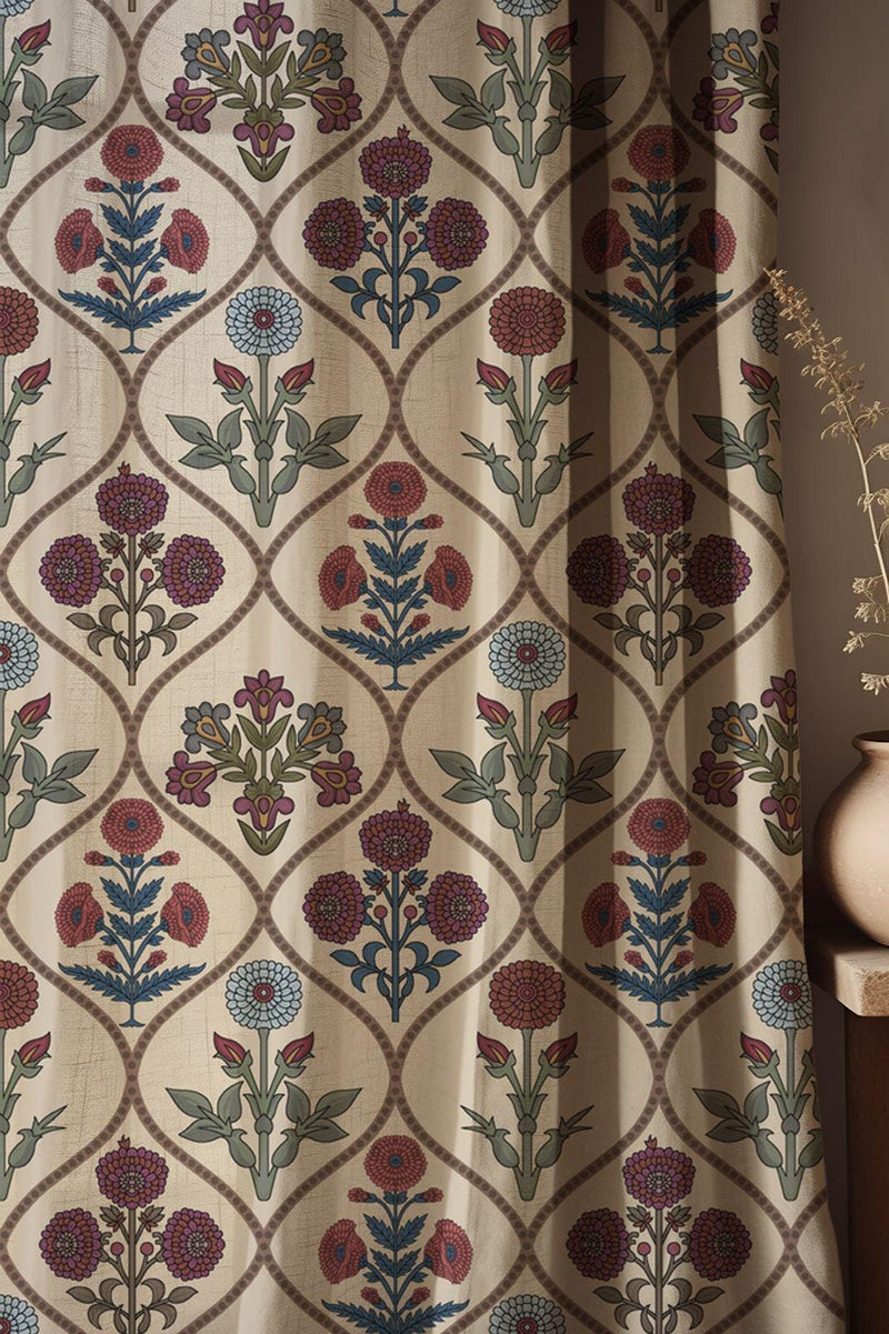 Floral Linen Curtains: Vintage Persian Botanical Print Window Treatment