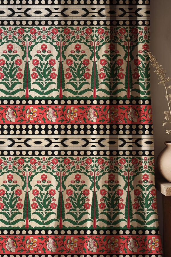 Floral Linen Curtains: Red & Green Tapestry, Bohemian Window Drapes