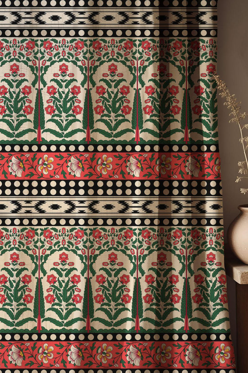 Floral Linen Curtains: Red & Green Tapestry, Bohemian Window Drapes