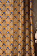 Retro Floral Linen Curtains: Mustard Yellow & Blue Botanical Print - Image 1