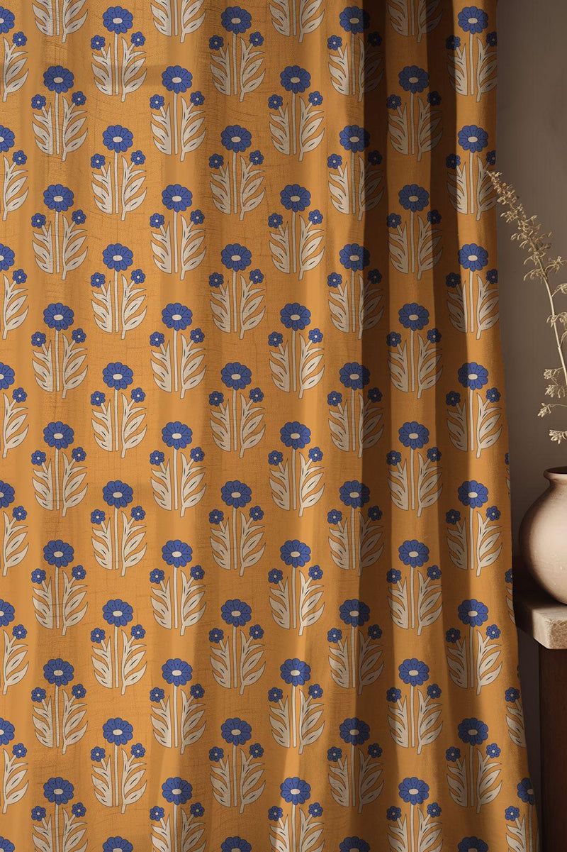 Retro Floral Linen Curtains: Mustard Yellow & Blue Botanical Print