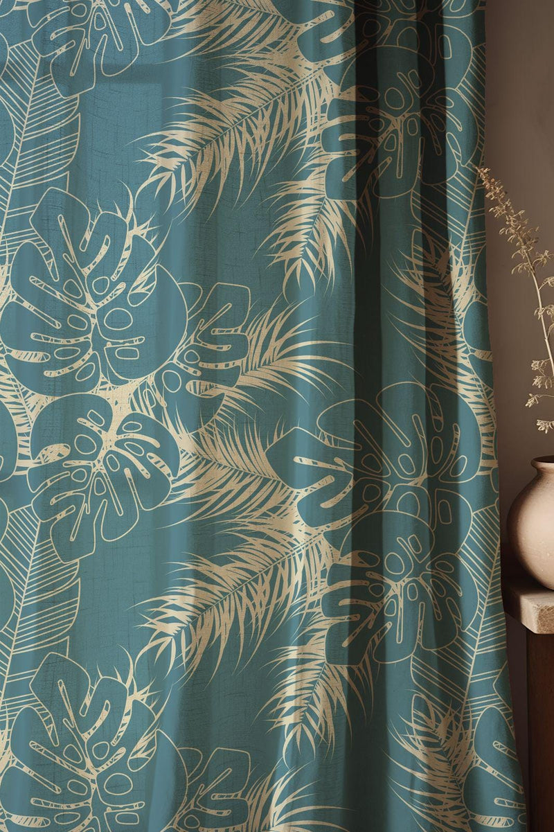 Tropical Monstera Linen Curtains: Teal Palm Leaf Drapes