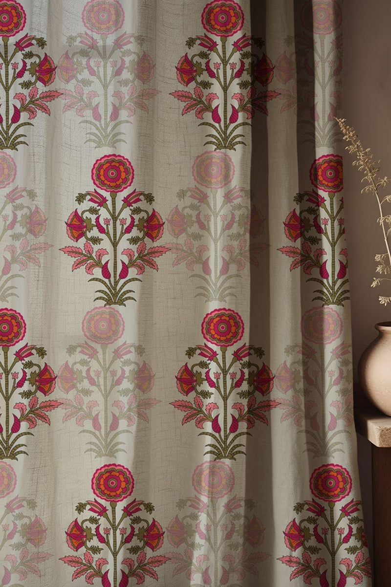 Vintage Folk Floral Linen Curtains - Traditional Pink & Green Embroidered-Style Drapes, Bohemian Ethnic Window Treatment