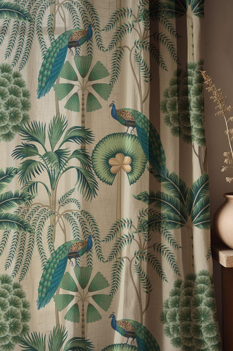 Peacock Linen Curtains: Tropical Palm Print Window Drapes