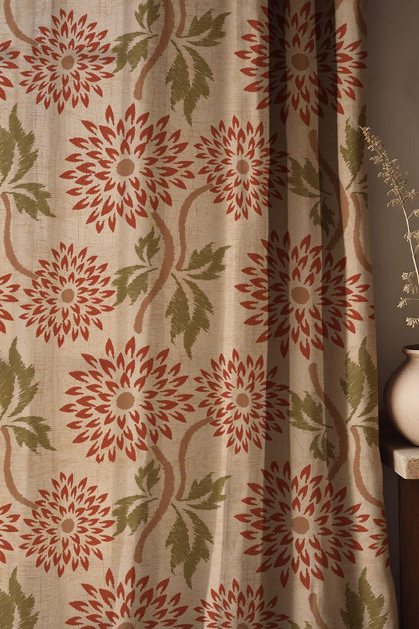 Rustic Floral Linen Curtains - Vintage Red & Green Botanical Drapes, Farmhouse Country Style Window Treatment