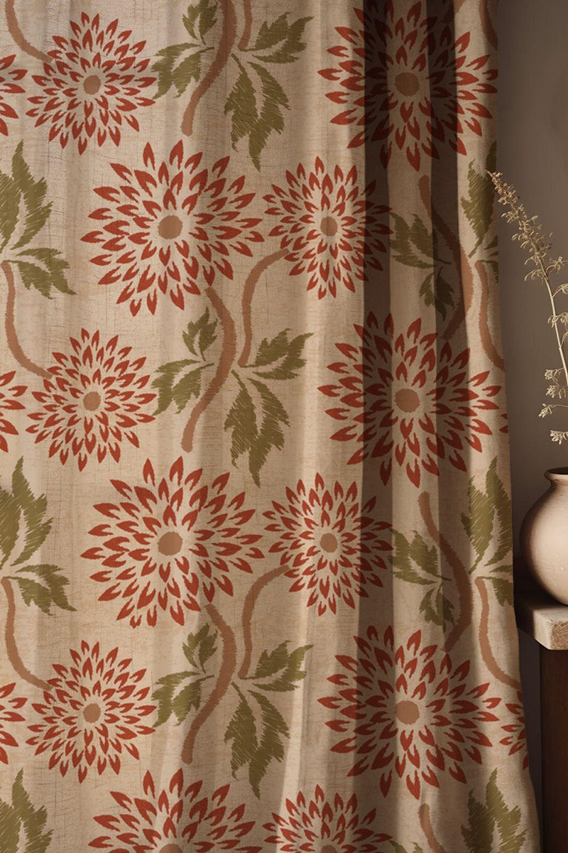 Rustic Floral Linen Curtains - Vintage Red & Green Botanical Drapes, Farmhouse Country Style Window Treatment