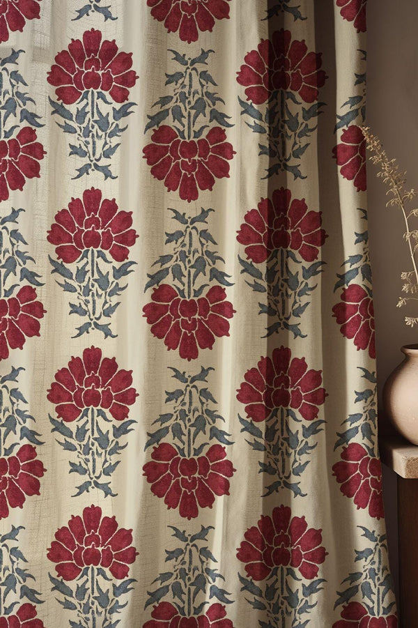 Floral Linen Curtains: Vintage Red & Blue Block Print Botanical Drapes