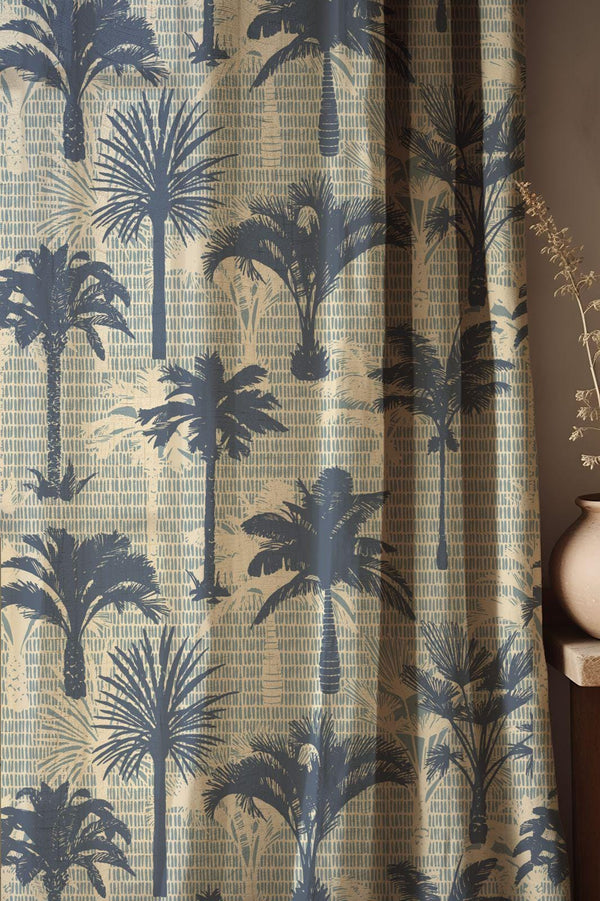 Midnight Palms Linen Curtains: Blue Beige Tropical Drapes