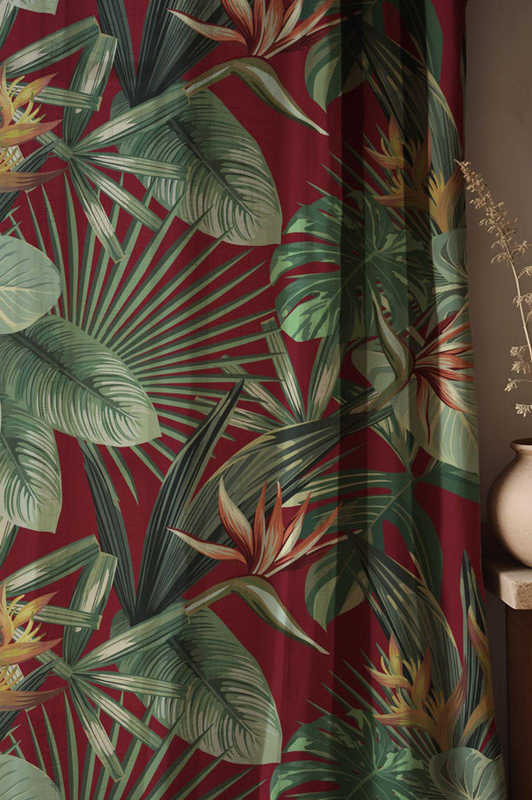 Tropical Linen Curtain: Burgundy Palm & Monstera Leaf Print