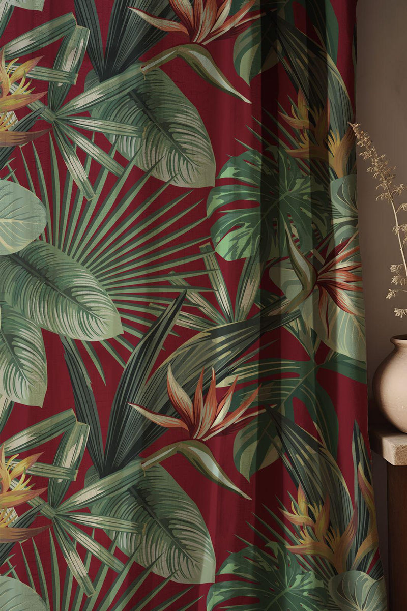 Tropical Linen Curtain: Burgundy Palm & Monstera Leaf Print