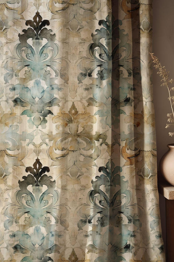 Vintage Damask Linen Curtain: Watercolor Baroque Style, Earthy Tones