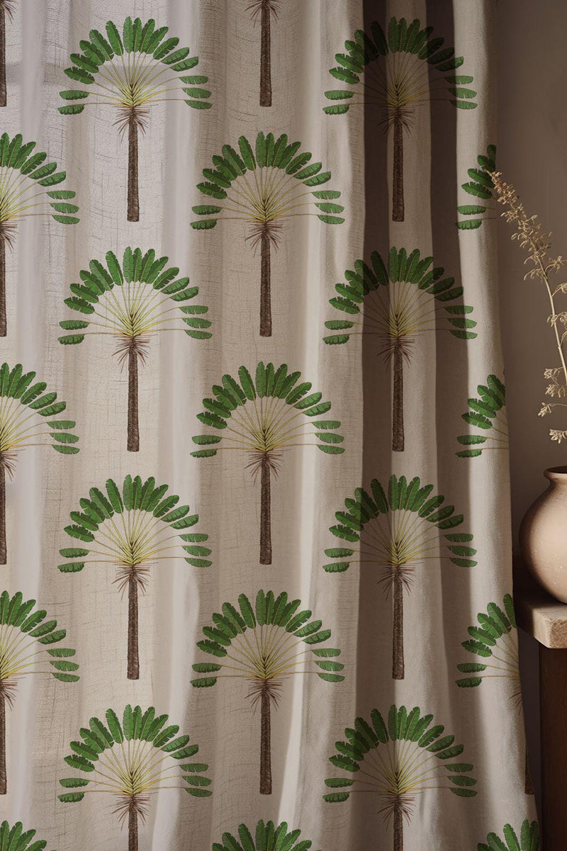 Tropical Palm Tree Linen Curtain: Green Leaf Print, Island Decor