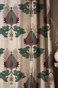 Ottoman-Inspired Floral Linen Curtain – Stylized Tulip Motif in Green, Red & Navy on Natural Linen - Image 1