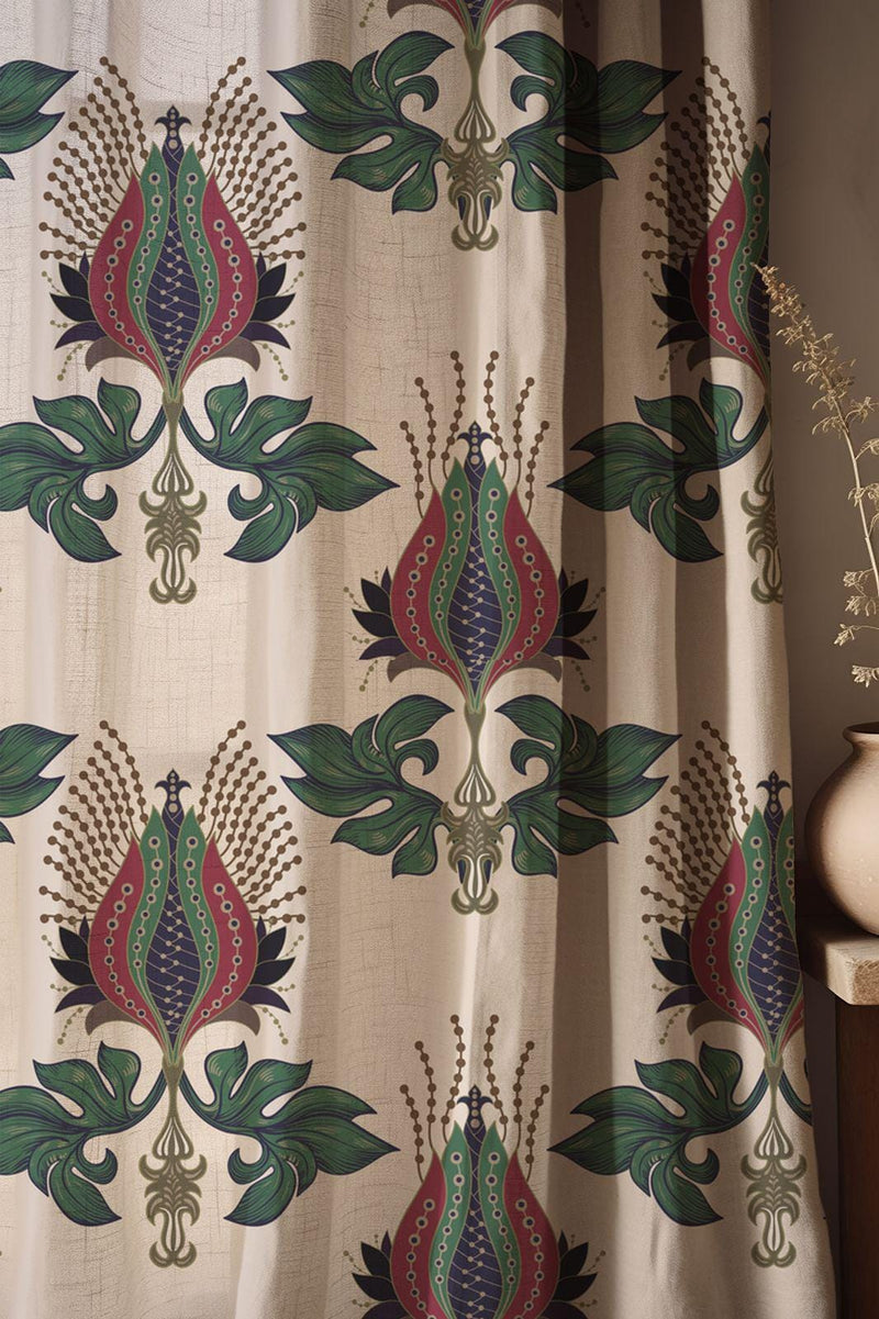 Ottoman-Inspired Floral Linen Curtain – Stylized Tulip Motif in Green, Red & Navy on Natural Linen