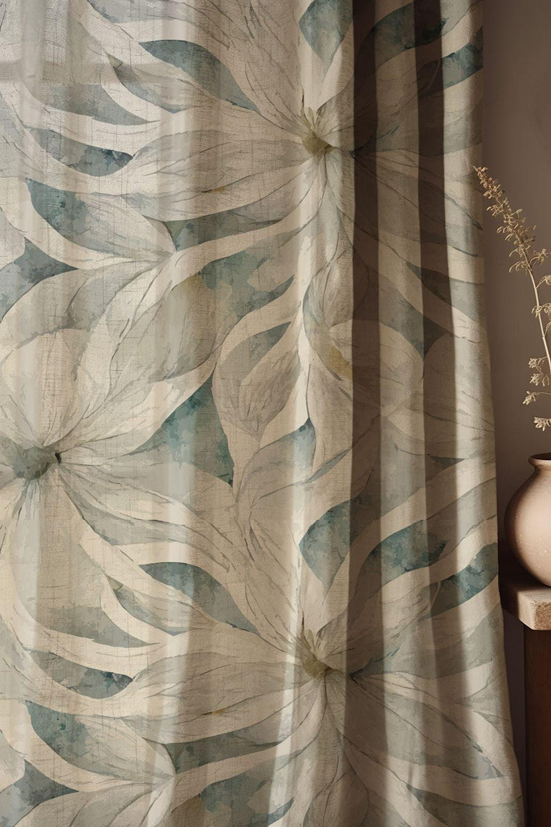 Watercolor Floral Linen Curtain: Cream & Blue Botanical Print