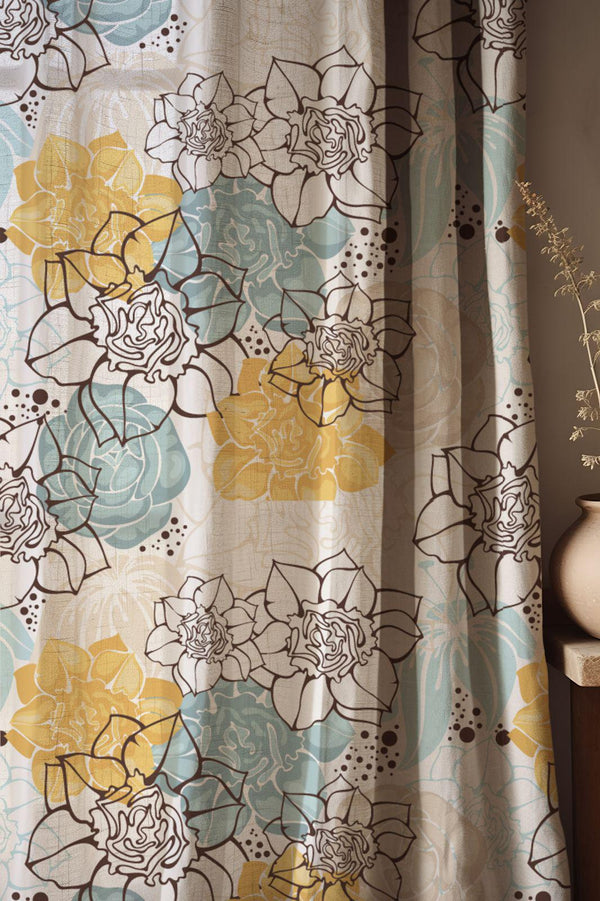 Retro Floral Linen Curtain: Yellow & Blue Flower Print, Boho Drapery