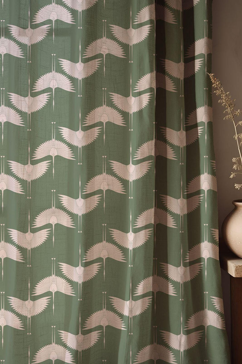 Crane Print Linen Curtain: Sage Green Japandi Drapery