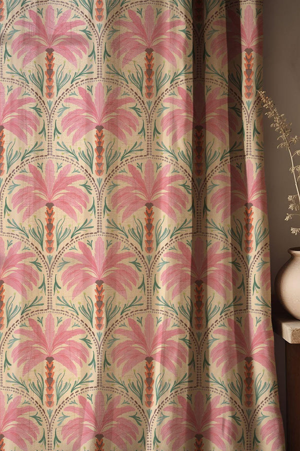 Vintage Pink Palm Linen Curtain: Hand-Drawn Tropical Bohemian Drapery