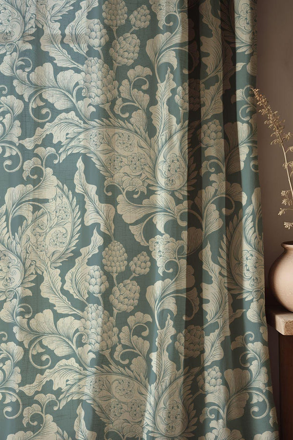 Baroque Linen Curtain: Beige Floral Pattern on Teal