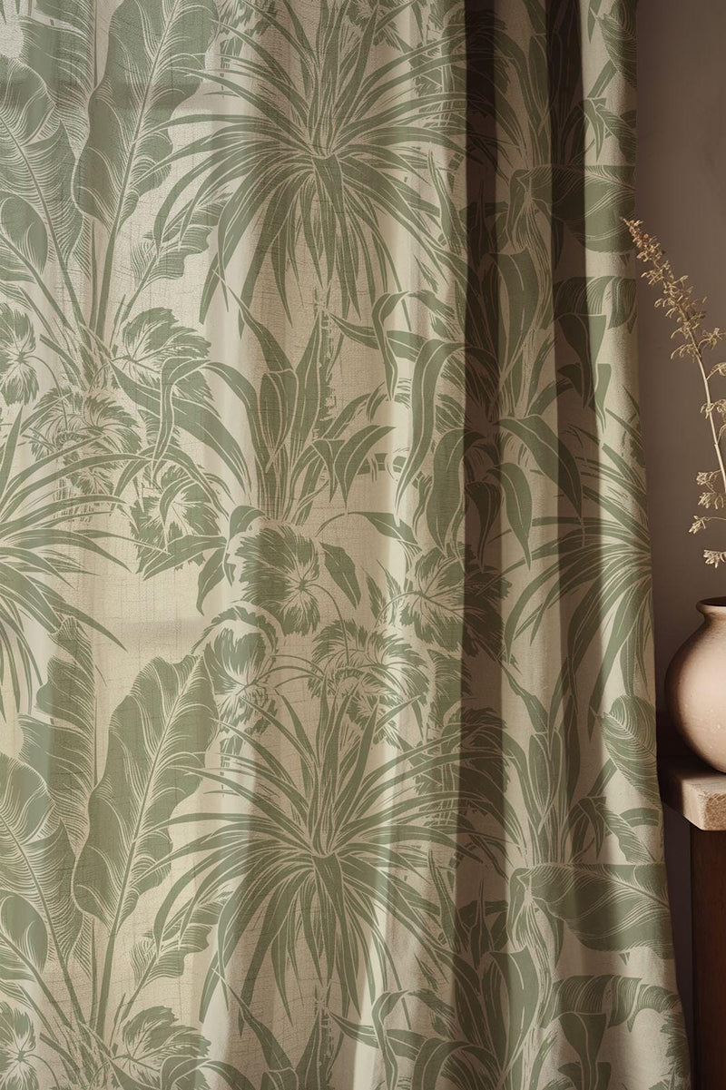 Tropical Green Linen Curtain: Palm Leaf Print, Nature-Inspired Drapery