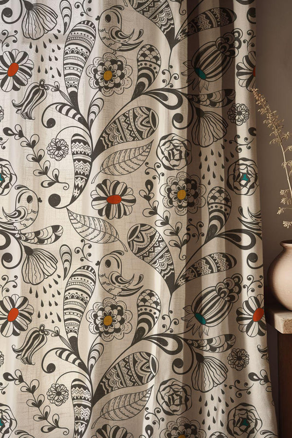 Floral Bird Linen Curtains: Whimsical Hand-Drawn Drapes
