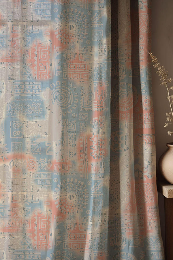 Pastel Tribal Linen Curtain: Soft Blue Coral Geometric Boho Drapery