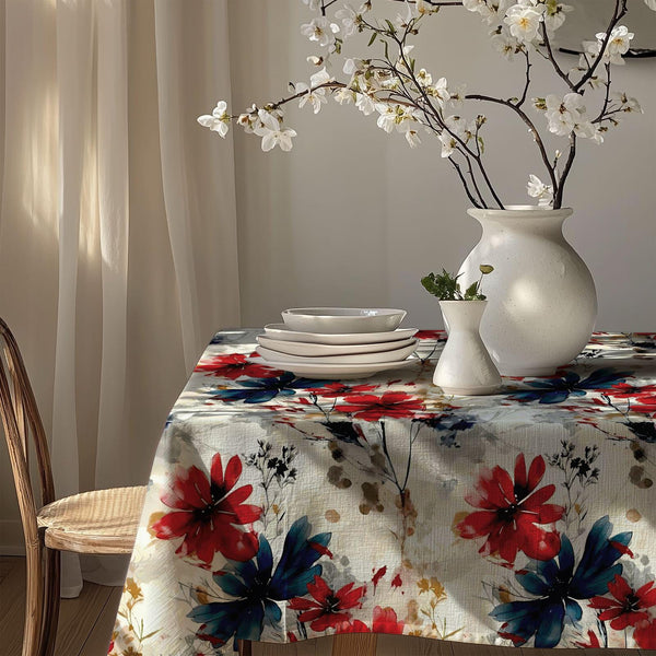Bold Floral Tablecloth: Red & Blue Gardenya Fabric Table Cover
