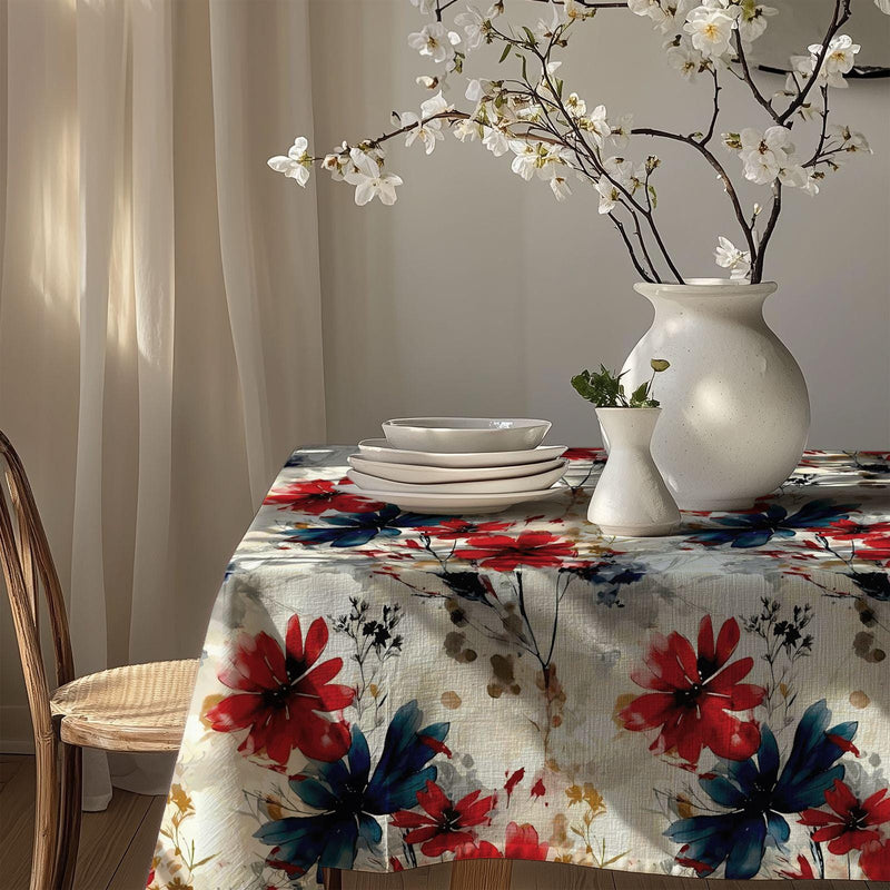 Bold Floral Tablecloth: Red & Blue Gardenya Fabric Table Cover