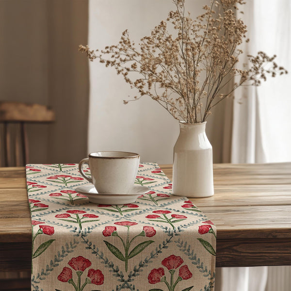 Vintage-Inspired Table Runner – Elegant Red and Green Floral Cotton Decor
