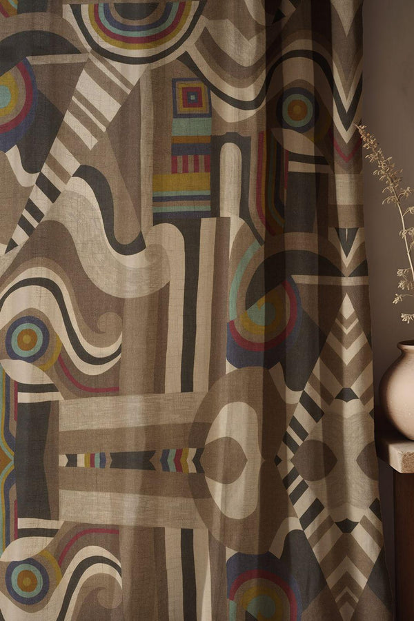 Abstract Tribal Linen Curtain: Multicolor Geometric Boho Drapery