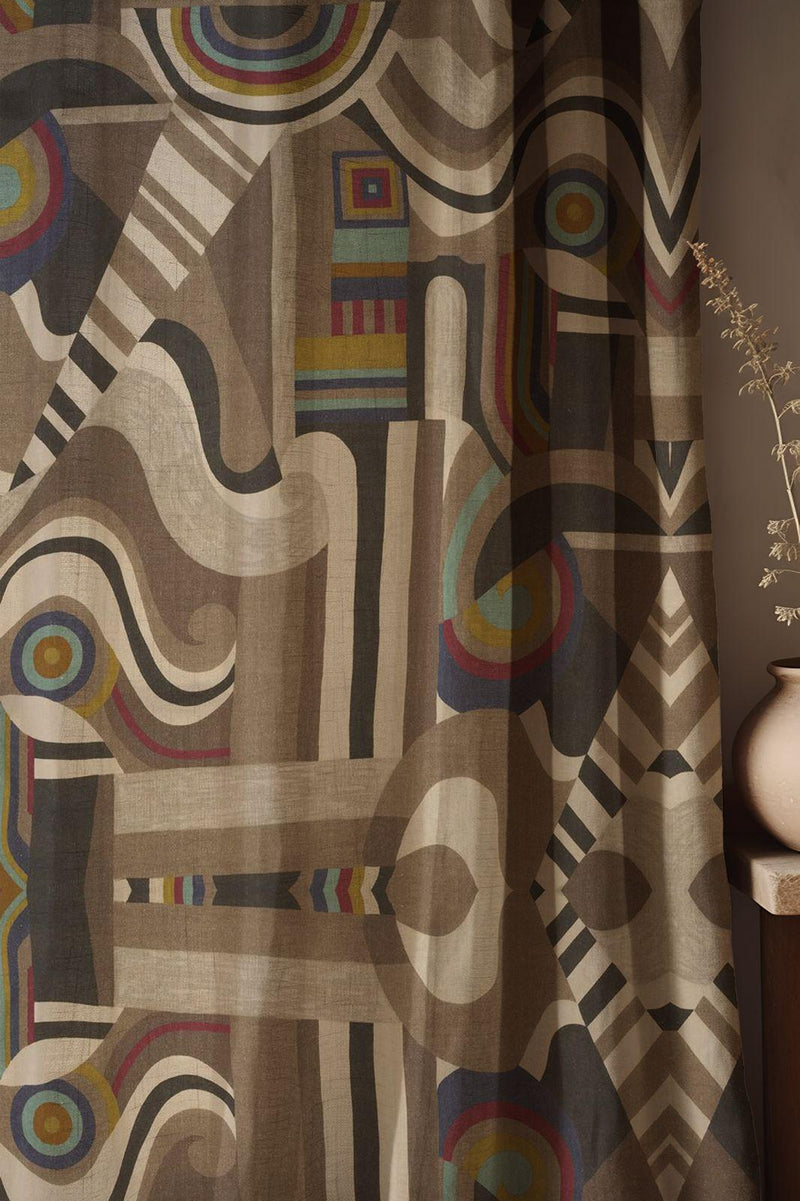 Abstract Tribal Linen Curtain: Multicolor Geometric Boho Drapery