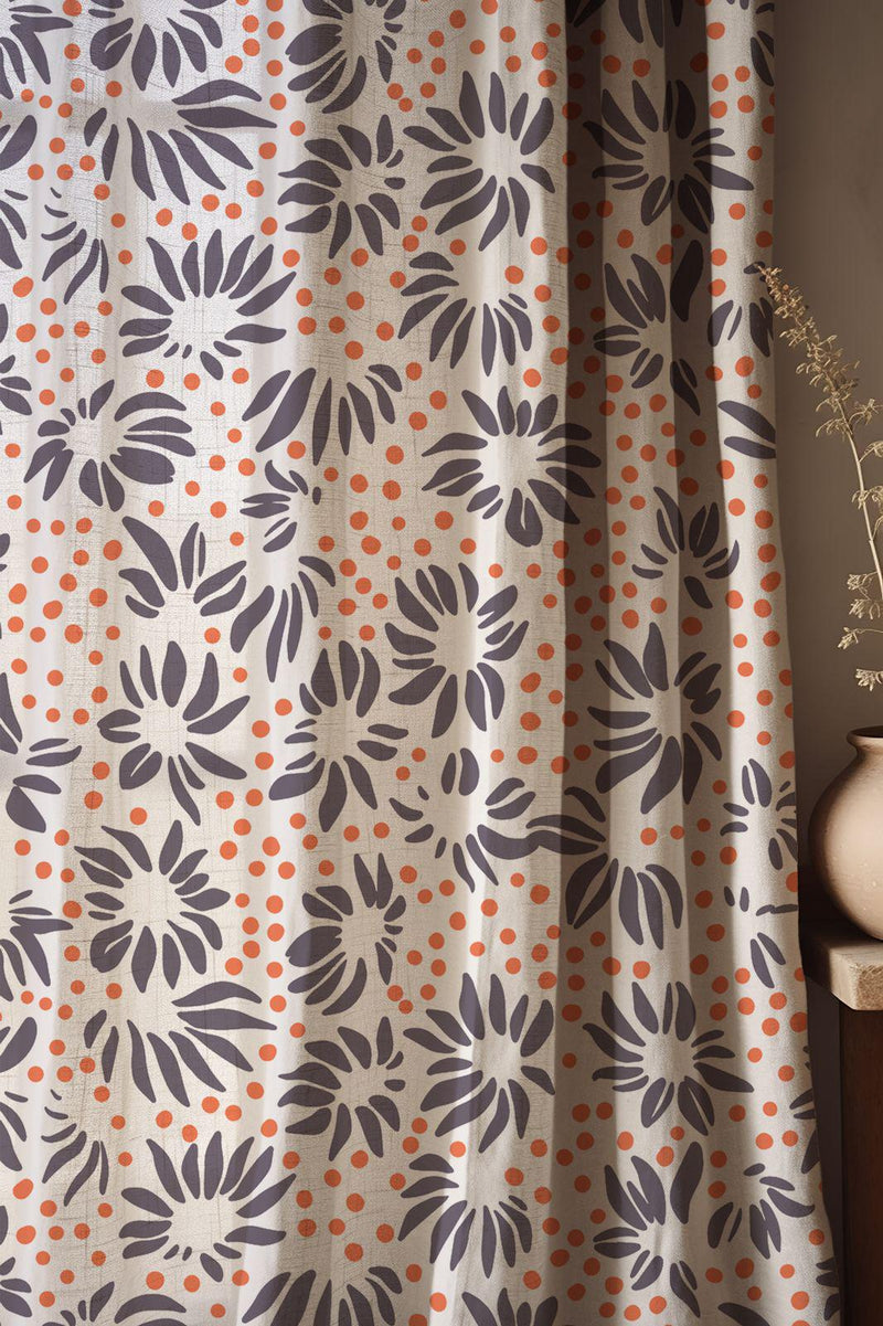 Floral Linen Curtain: Navy Flowers, Orange Dots, Playful Kitchen Drapery