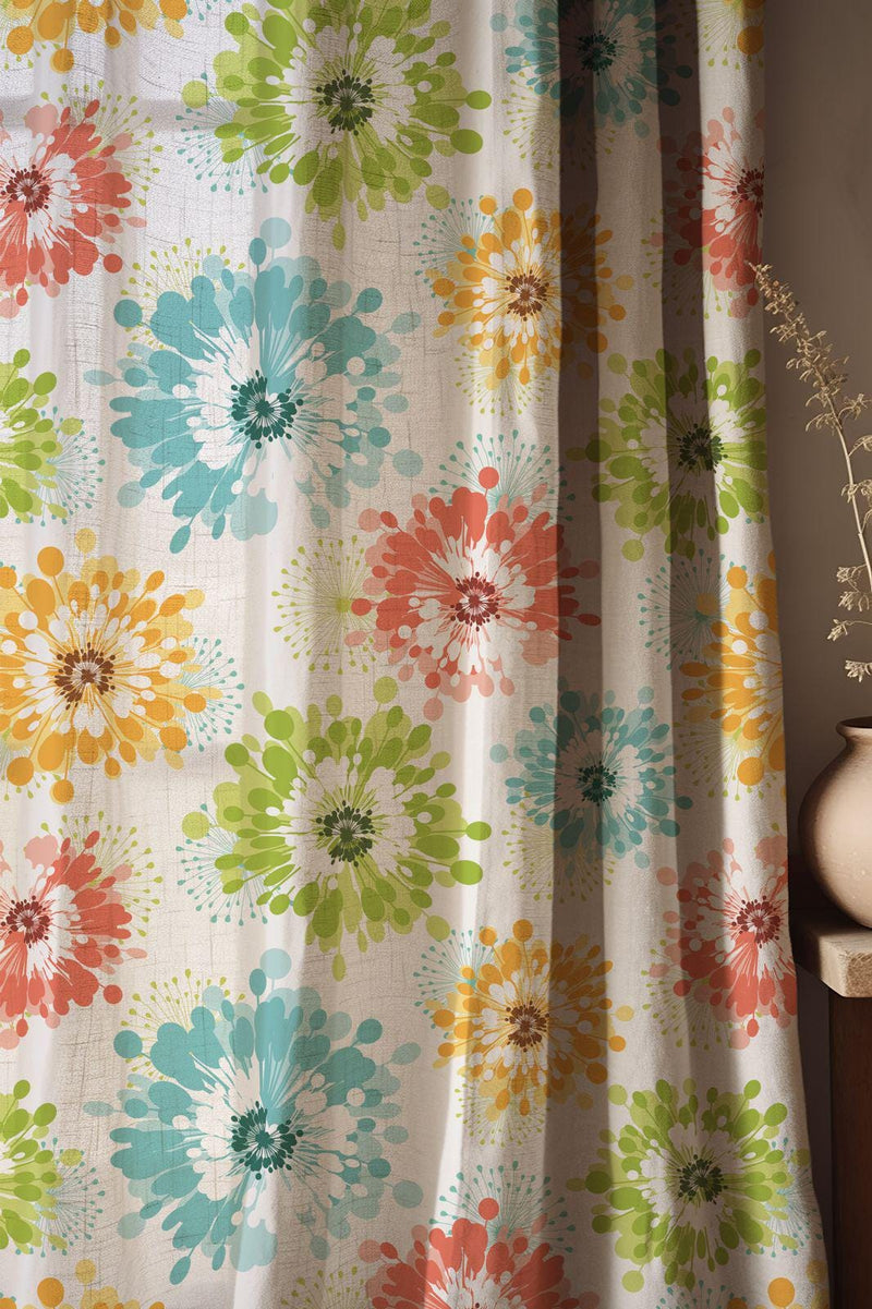 Floral Linen Curtain: Colorful Burst Flower Pattern, Vibrant Drapery
