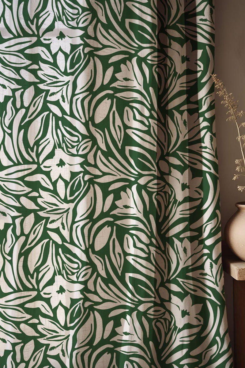 Botanical Linen Curtain: Green Leaf Print, Modern Nature Drapery