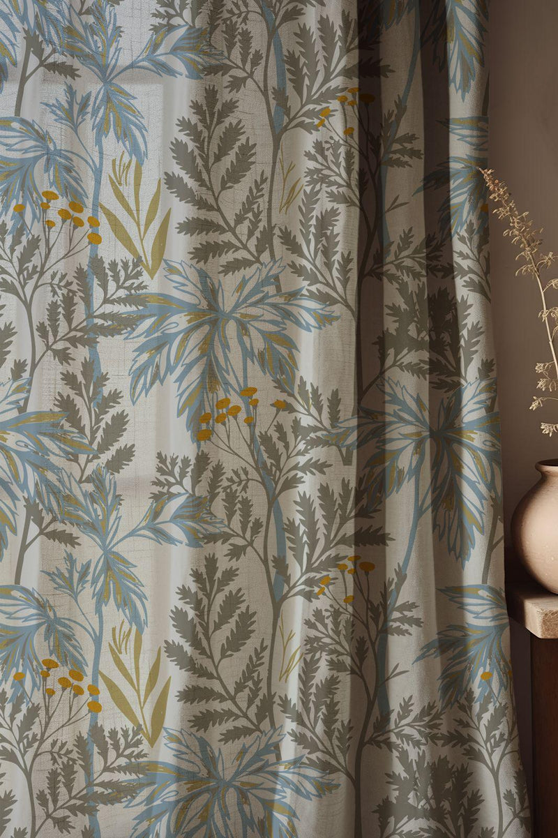 Botanical Linen Curtain: Blue & Mustard Wildflower Print