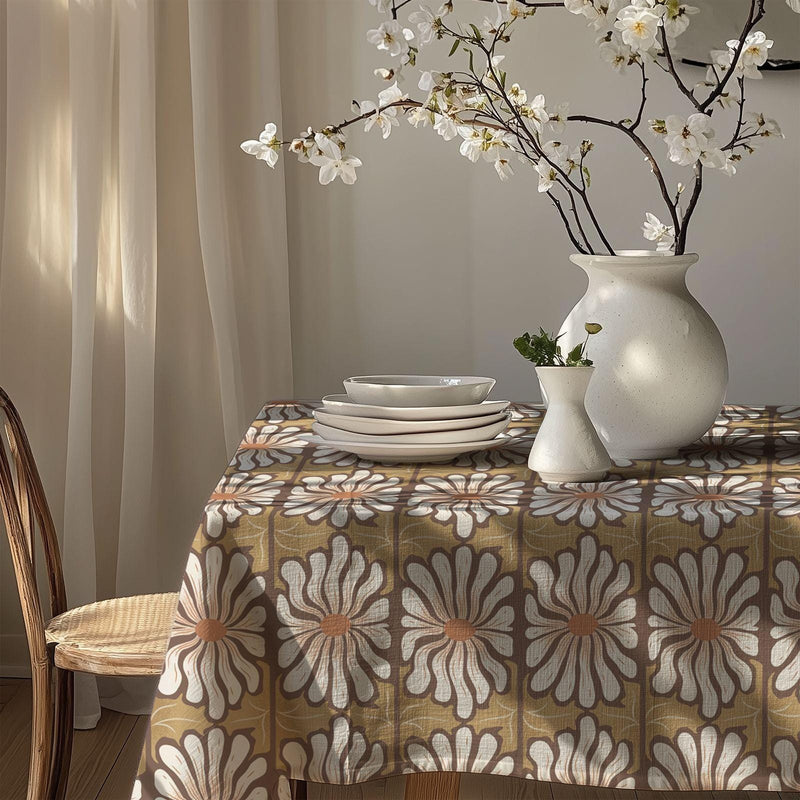 Retro Daisy Flower Tablecloth: Brown Beige Gardenya Fabric