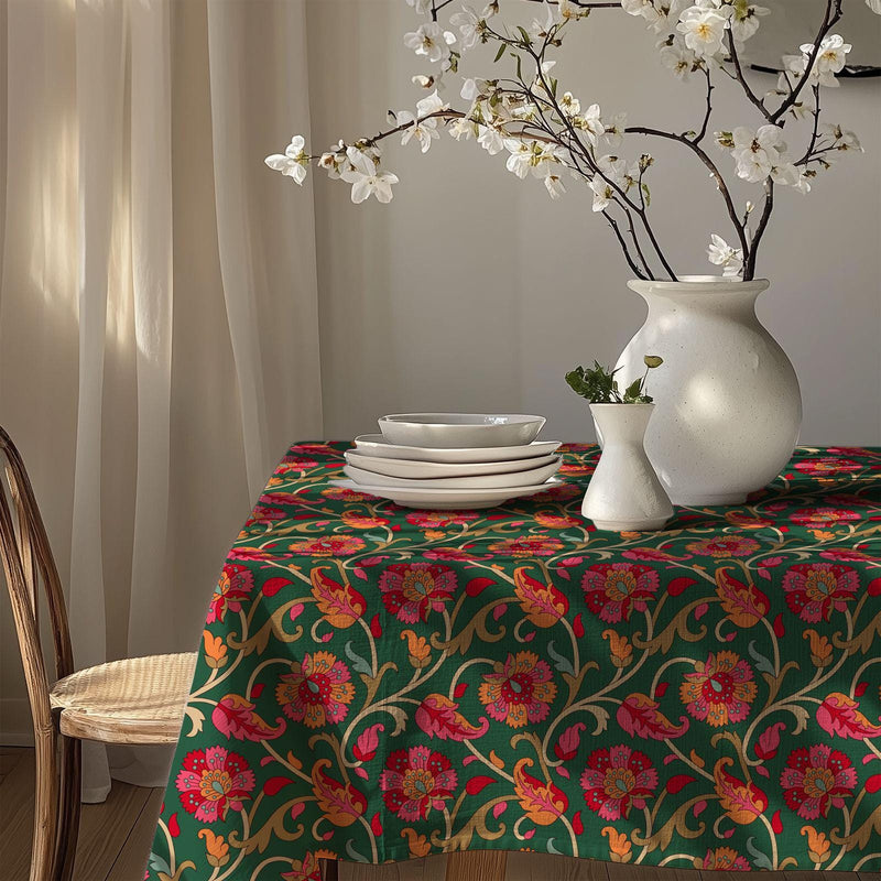 Oriental Floral Tablecloth: Gardenya Cotton Blend, Red & Green Print