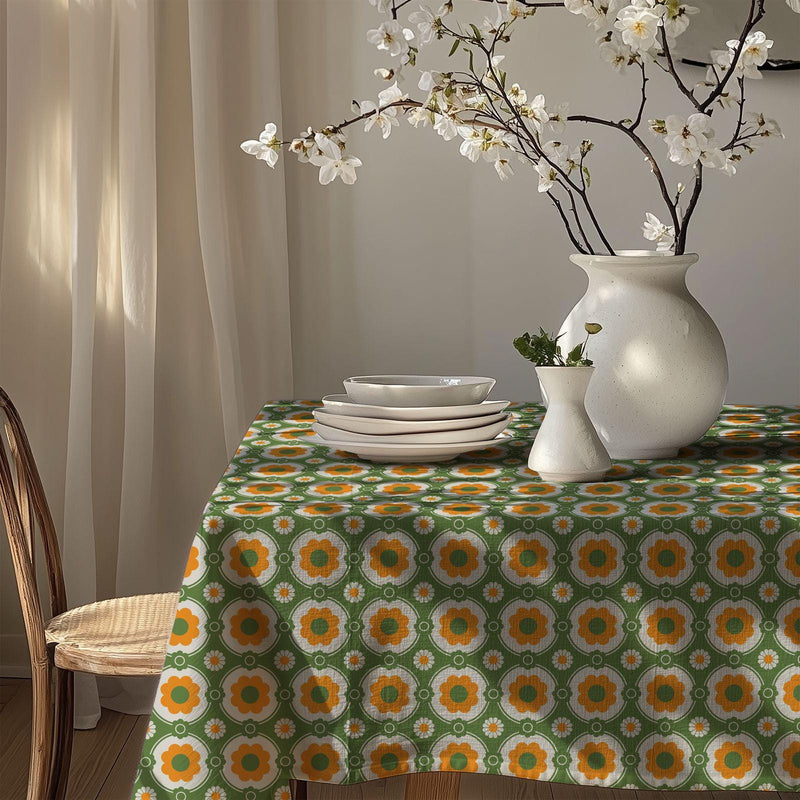Retro Floral Tablecloth: 70s Style Gardenya Cotton Blend Table Cover