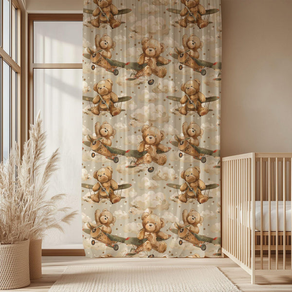 Teddy Bear Airplane Sheer Curtain: Pilot Nursery Decor