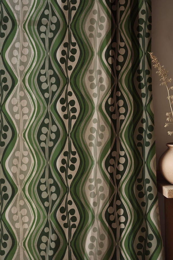 Retro Green Leaf Linen Curtain: Mid-Century Modern Botanical Drapes