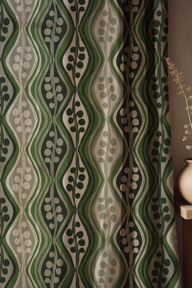 Retro Green Leaf Linen Curtain: Mid-Century Modern Botanical Drapes