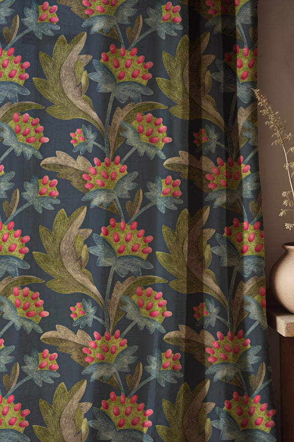 Dark Floral Linen Curtain: Vintage Red Berry Botanical Print