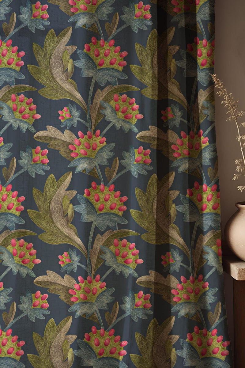 Dark Floral Linen Curtain: Vintage Red Berry Botanical Print