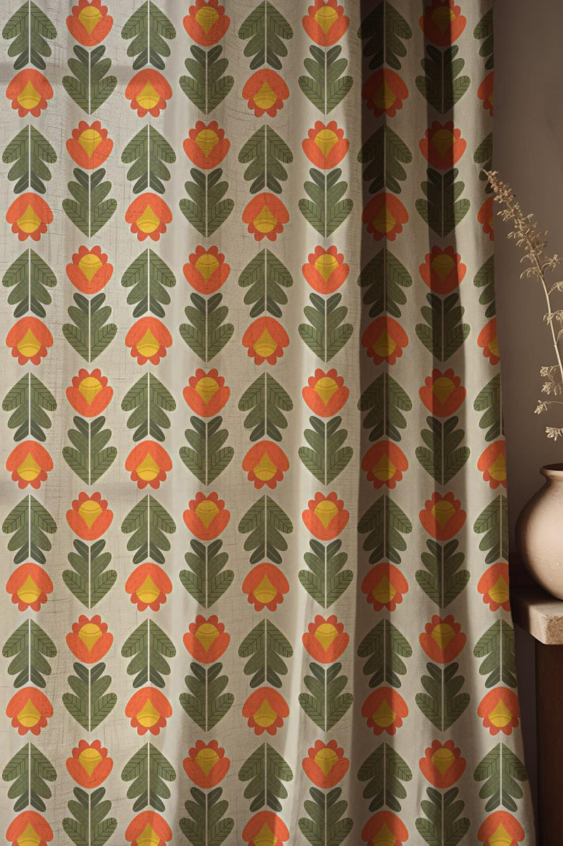 Scandinavian Linen Curtain: Retro Tulip Floral Print Window Drape